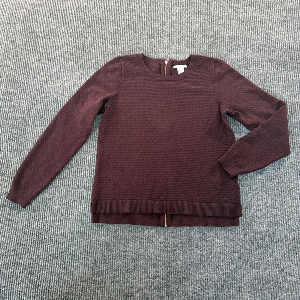 H&M Sweater Womens Medium M Burgundy Waffle Knit Back Zip High Low Pullover Top